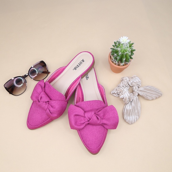 Magenta Pink Slip On Pointed Loafer Flats W/ Bow - Picture 3 of 5
